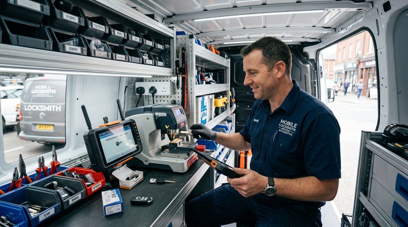 Automotive locksmith professional with key programming device at car