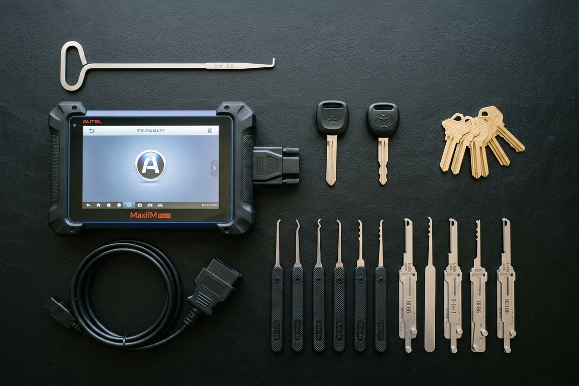 Professional automotive locksmith tools including transponder programmer and extraction kit