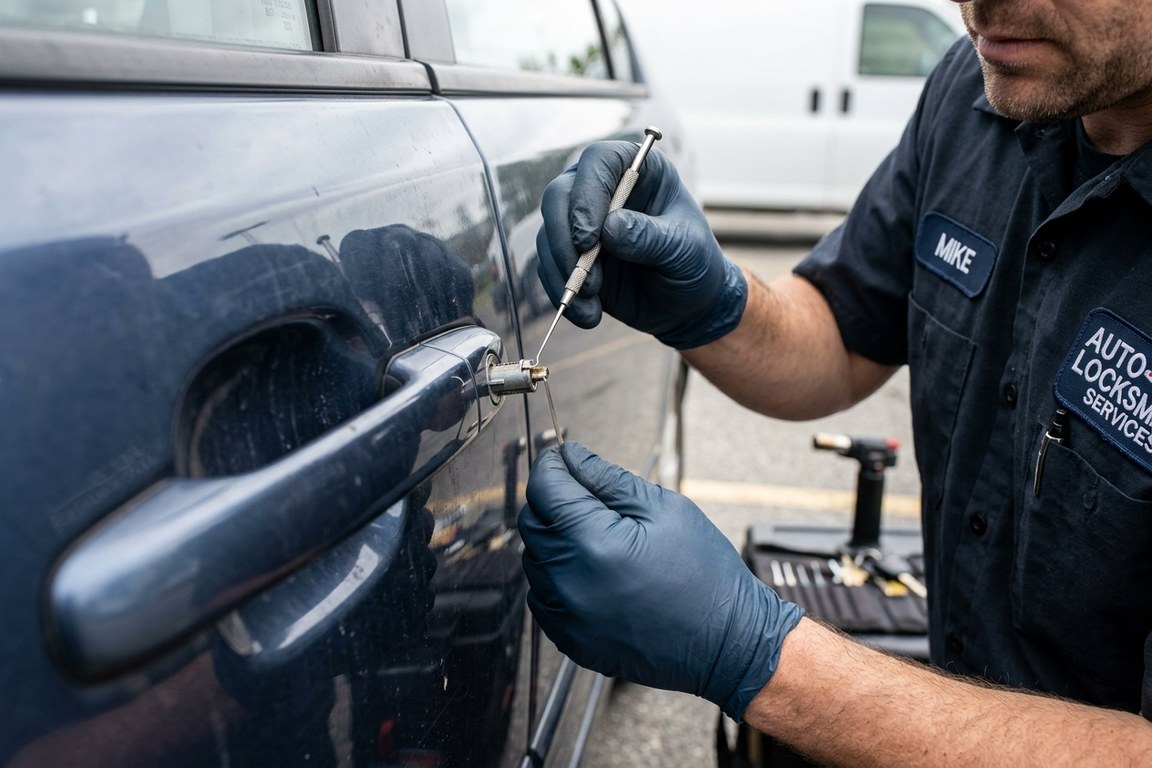 Locksmith using extraction tool to remove broken key fragment from car ignition