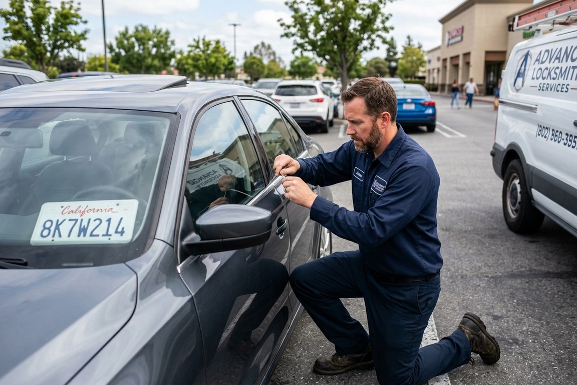 Car locksmith using slim jim tool to unlock sedan door
