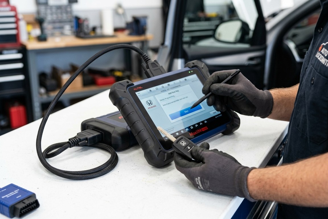 Automotive locksmith programming transponder key with OBD device